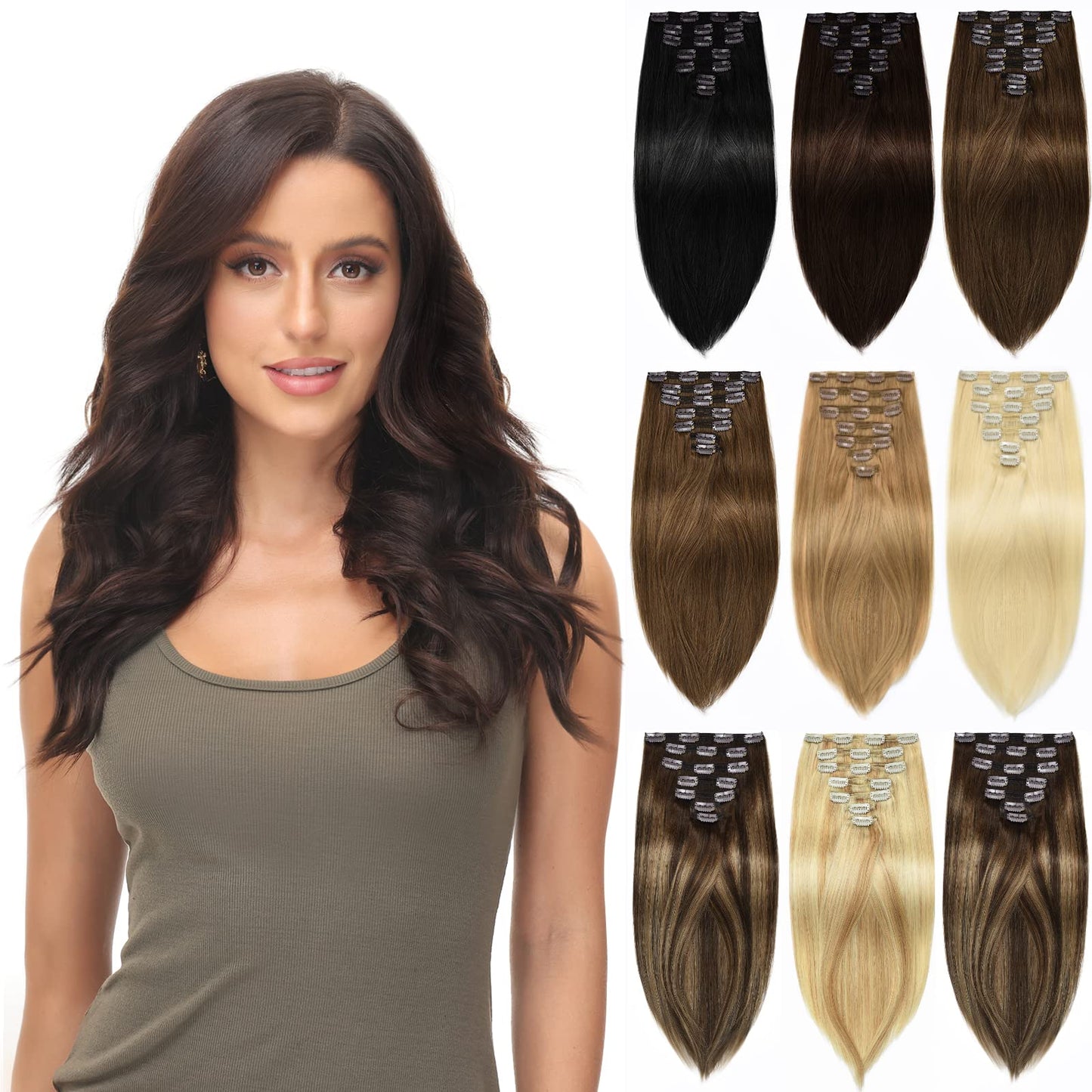 Rose bud Clip in Hair Extensions Real Human Hair 7Pcs 16Clips 14Inch 130g Natural Thick Hair Extensions Human Hair Medium Brown to Dark Blonde