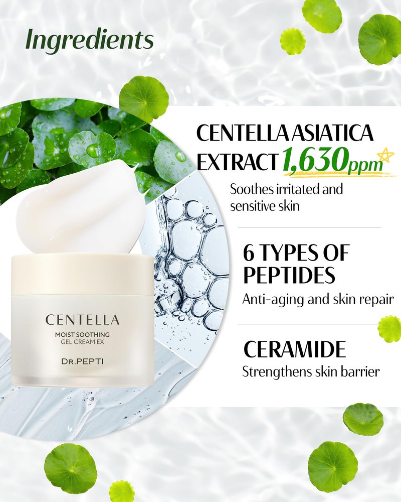 dr.pepti Centella Cooling Gel Cream – 72.5% Centella & 10-Type Hyaluronic Acid – Water-Gel Moisturizer with Soothing Cooler Ex® for Reactive, Sensitive & Post-Retinol Skin, No Pilling, 2.37 fl oz