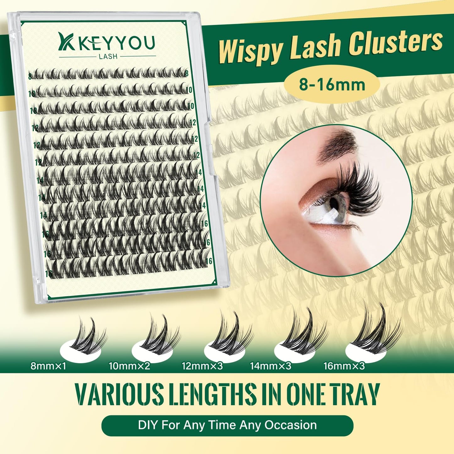 KEYYOULASH Lash Clusters Kit Natural 120pcs 8-18MIX Lash Extension Kit with Spiky Lash Clusters D Curl with Bond and Seal,Remover,Applicators for DIY Manga Eyelash Clusters at Home (KY07 Kit)