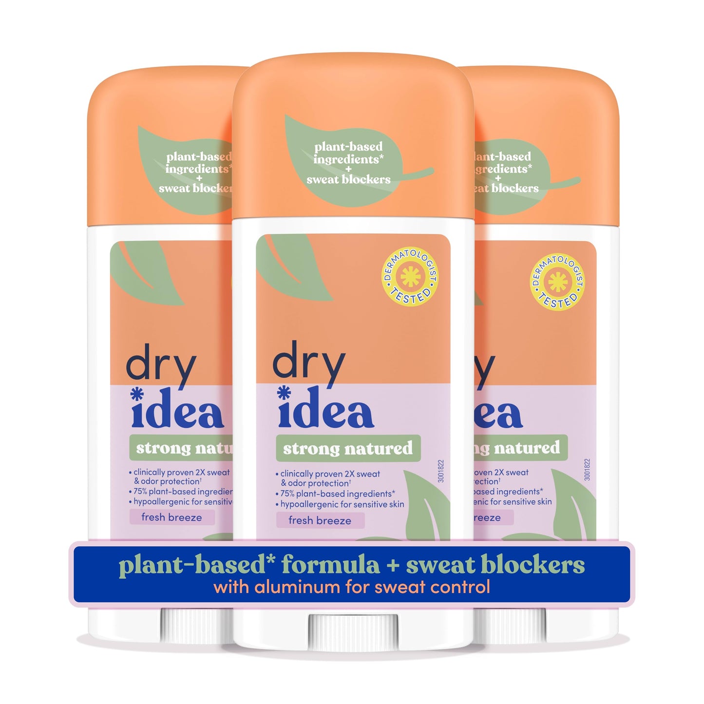 Dry Idea Plant Based Antiperspirant with Aluminum Sweat Blockers Invisible Solid Deodorant for Women – Fresh Breeze Scent, 72Hr Sweat & Odor Control for Sensitive Skin, 3pk