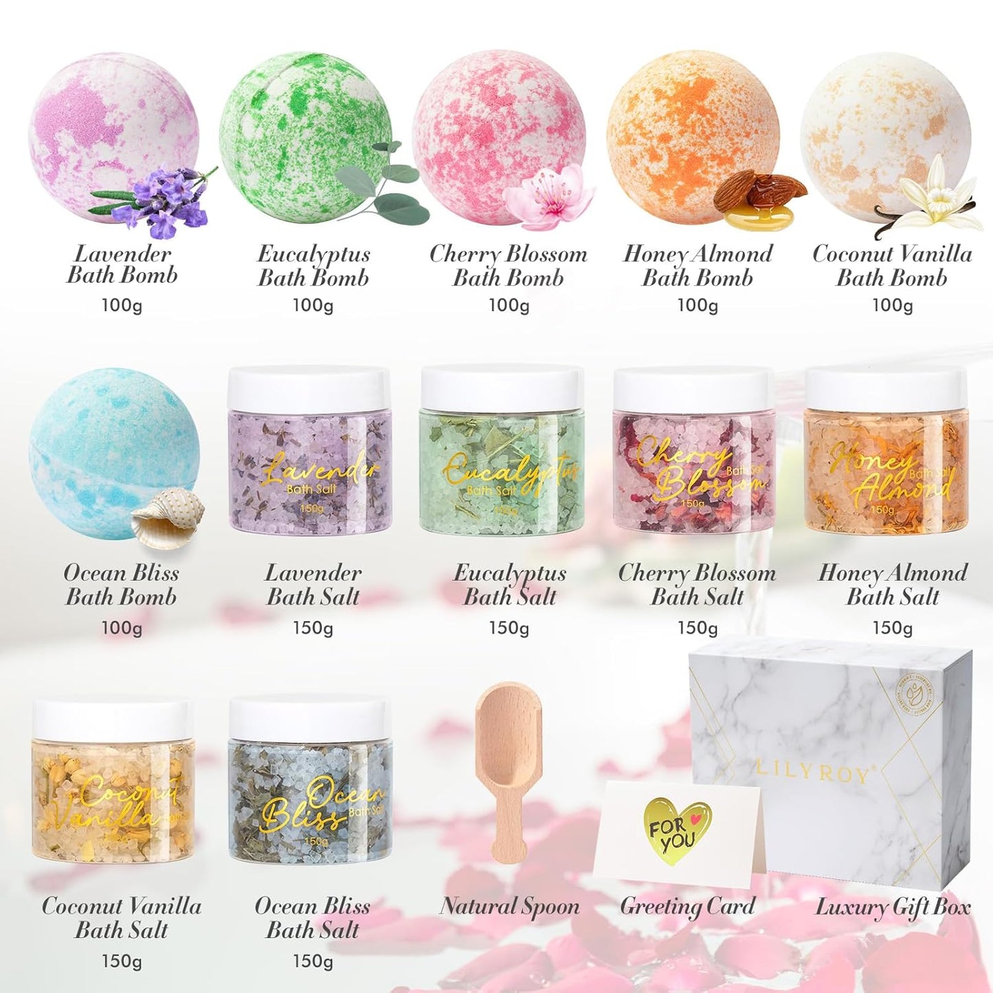 Luxurious Spa Gift Set - 15 Pcs Bath and Body Set for Men & Women | Includes 6 Bath Salts & 6 Bath Bombs