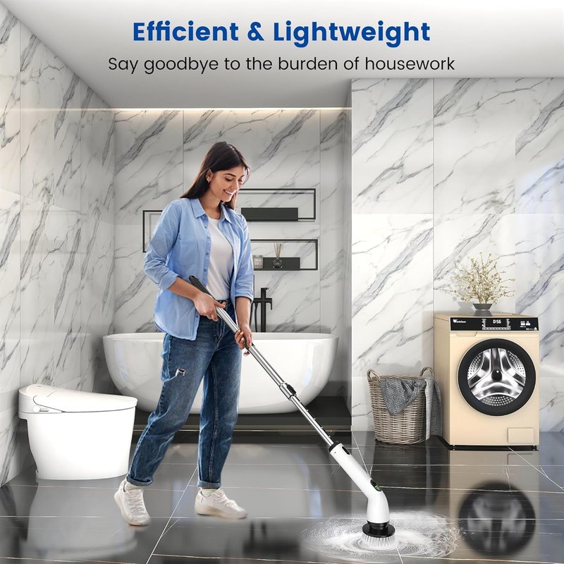 Electric Spin Scrubber - IPX7 Waterproof Cordless Shower Cleaner with 8 Heads & Extendable Handle | 2 Speeds, 2-Hour Runtime