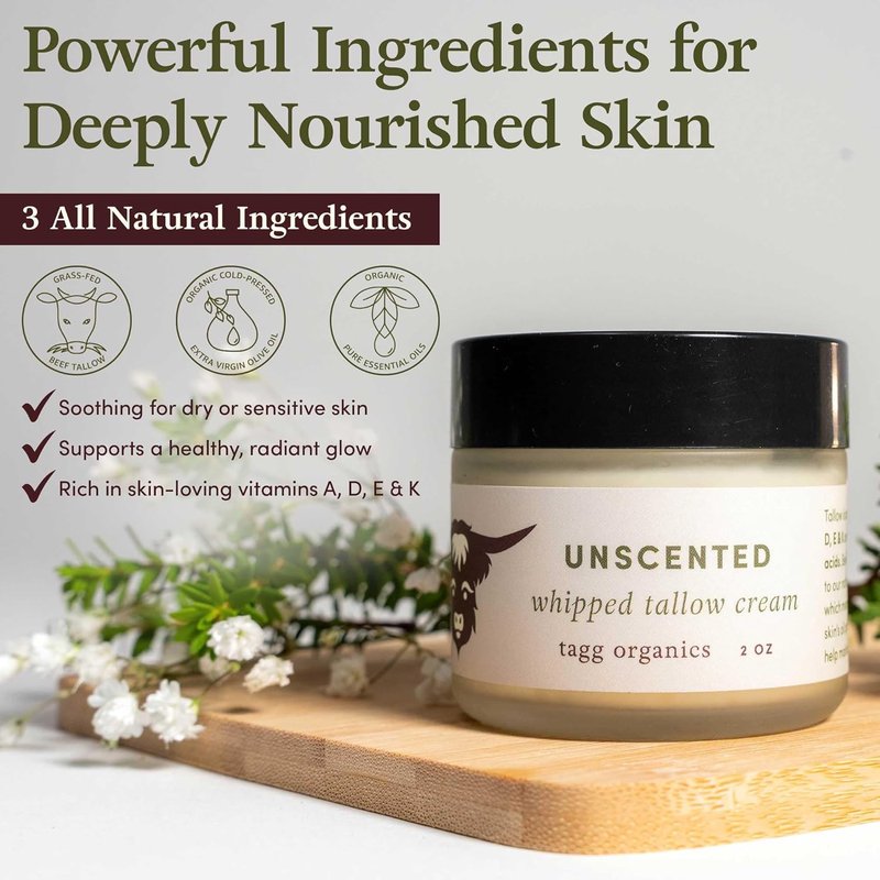 Whipped Tallow Cream for Skin - Organic, Chemical-Free Hydration | Unscented 2oz for Dry, Sensitive Skin