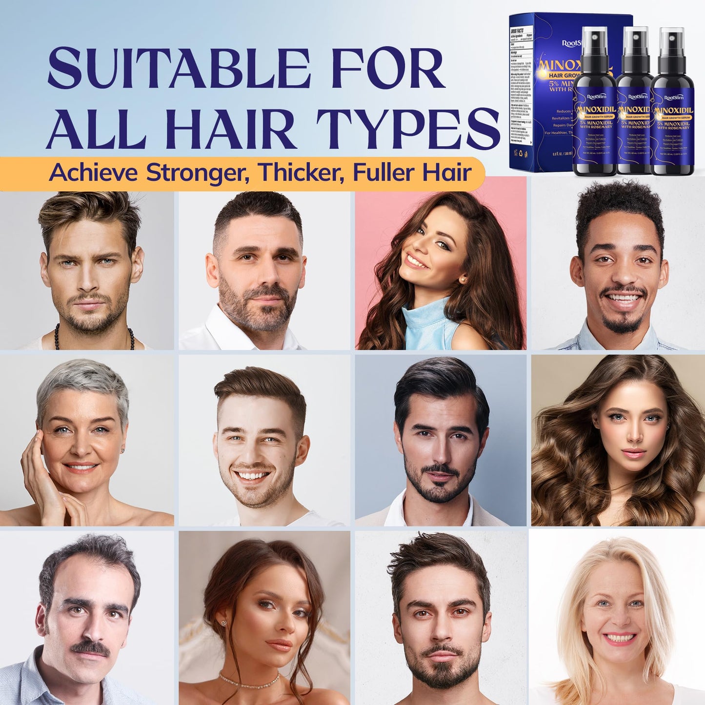 5% Minoxidil Hair Growth for Men and Women: 3-Pack RootStim Extra Strength Minoxidil with Rosemary for Thinning Hair Regrowth and Fuller Hair 180 ML