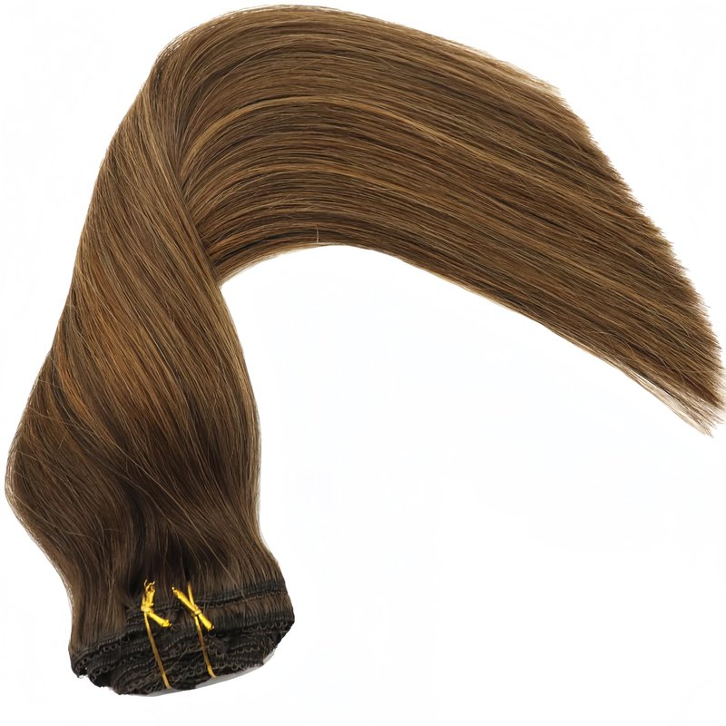 Eufficco Real Human Hair Lace Clip In Hair Extensions Thick ends Ombre Piano Color Dark Brown Roots/Chestnut Blonde 14inch 100g Highlights Balayage Double Wefted Silky Soft Human Hair Extensions