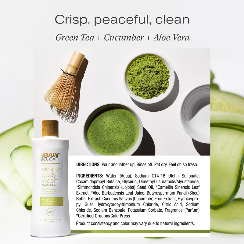 RAW SUGAR Green Tea Aloe Soother Gentle & Hydrating Body Wash, 25 Fl Oz (Pack of 3), Gentle & Soothing Bath & Shower Gel, Sensitive Skin-Friendly, Vegan, Formulated without SLS/SLES & Parabens