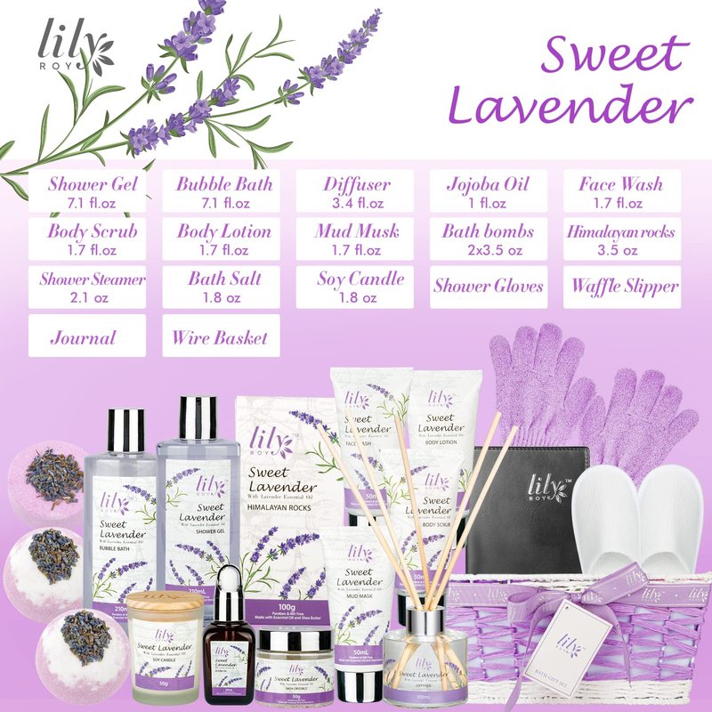 Mothers Day Gifts for Women - 18Piece Bath and Body Basket for Women Lavender Spa Gift Basket Set Bath Collection | Christmas, Birthday, Valentines Day Gift for Her, Perfect Spa Present for Mom
