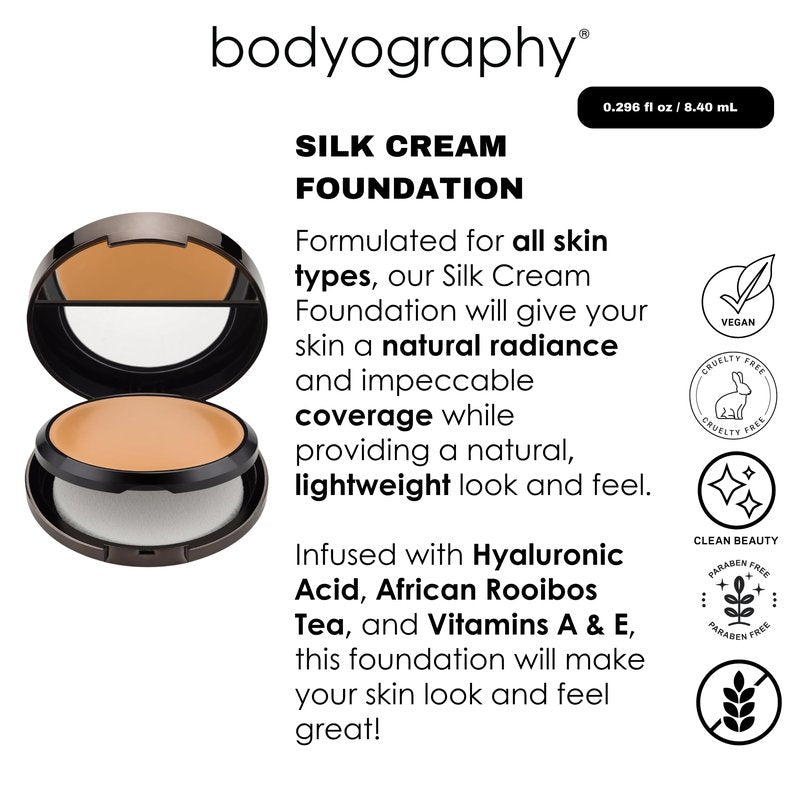 Bodyography Silk Cream Foundation – Light/Medium | Hydrating, Weightless Liquid Cream Foundation with Hyaluronic Acid & African Rooibos Tea | Medium-to-Full Coverage, Luminous Finish