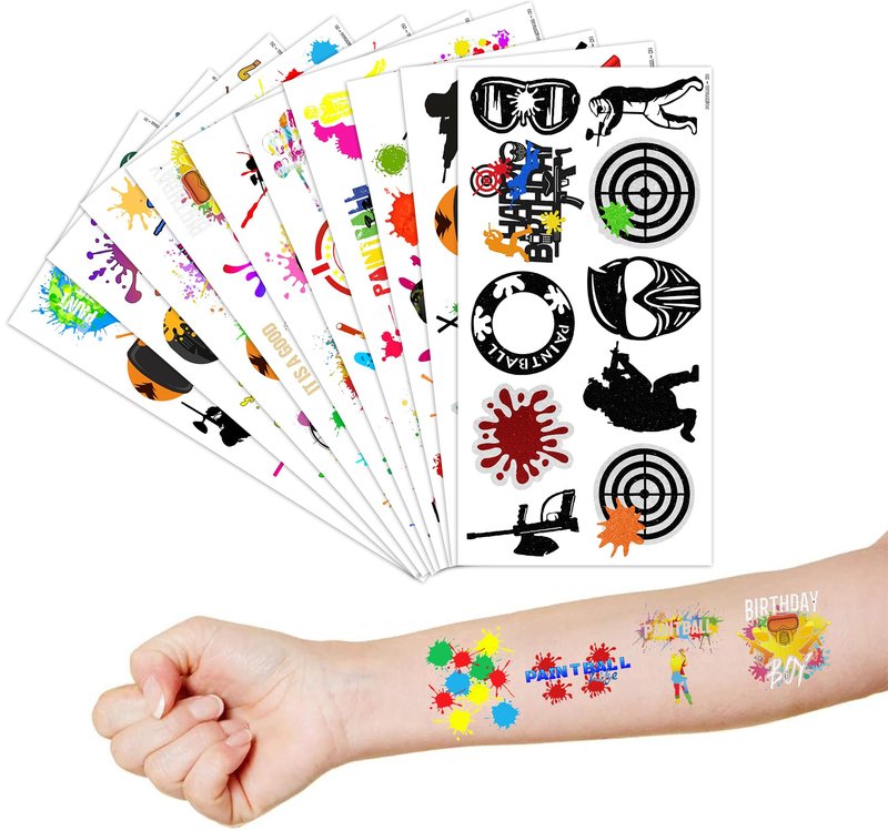 100 PCS Paintball Temporary Tattoos (10 Sheets) - Gun Shooting Themed Birthday Party Decorations & Favors, Cute Stickers Gifts for Boys, Girls, Class, School Carnival