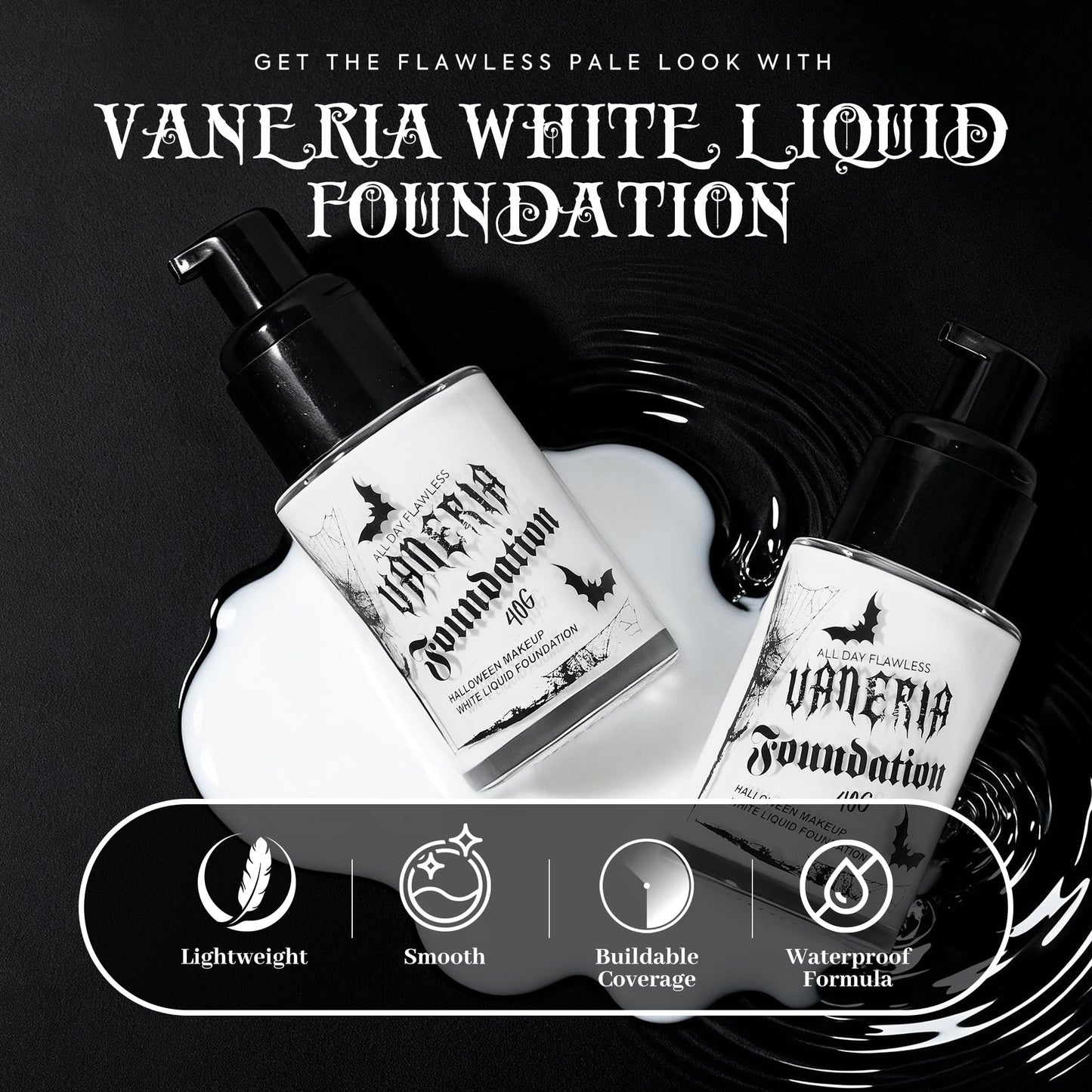 VANERIA White Foundation, Goth Foundation Liquide Makeup, Clown Makeup, Blanco Face Paint, Full-Coverage Waterproof, Mixer Use or White Base for Halloween, Cosplay, Stage, Mime & Film.30ML
