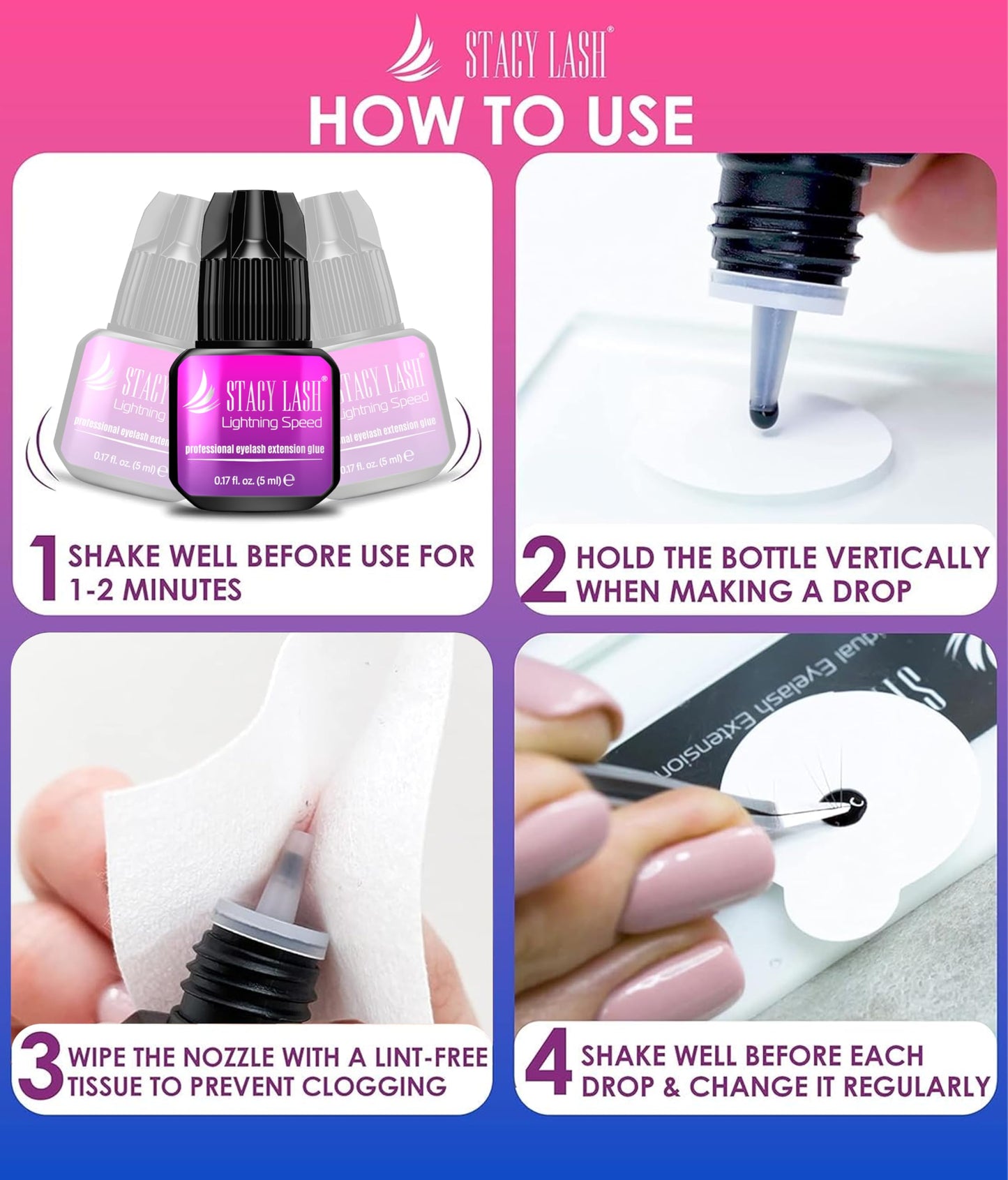 STACY LASH Lightning Speed Eyelash Extension Glue 5ml /0.17 fl.oz / 0.3 Sec Dry/Retention – 6-8 Weeks/Extra Strong Black Adhesive/Lash Tech Supplies