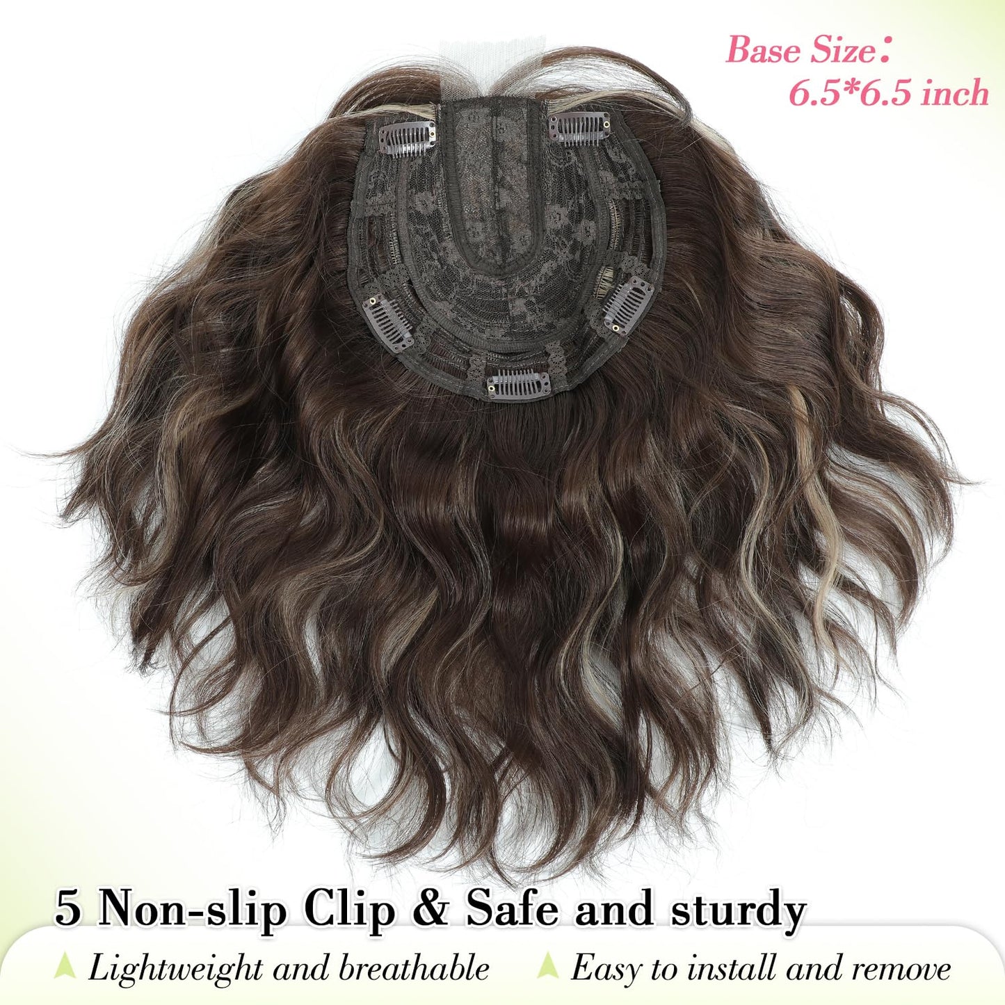 Ms Taj 11 Inch Short Wavy Hair Topper for Women with Thinning Hair, Synthetic Lightweight Breathable Hairpiece with 6.5"x6.5" Base, Instantly Adds Volume and Coverage（Dark Ash Brown with Highlights）