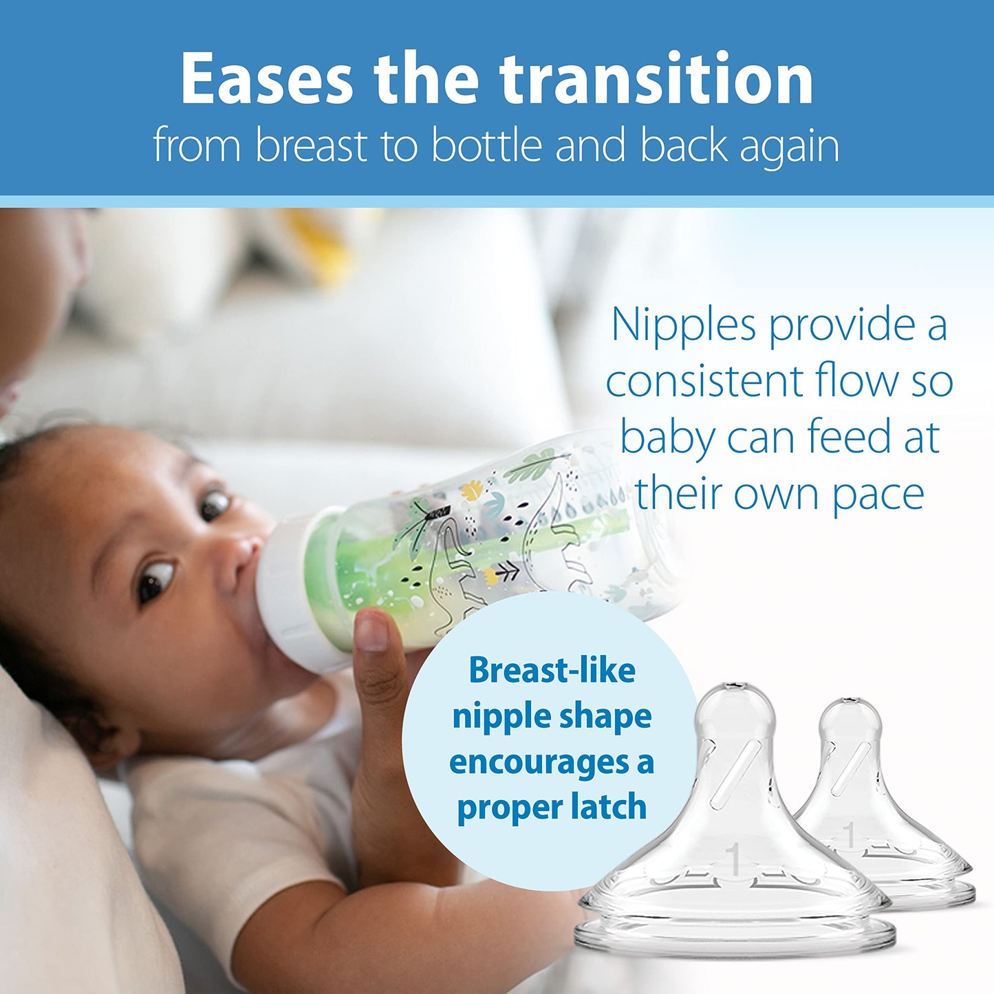 Dr. Brown's Anti-Colic Options + Wide-Neck Baby Bottle Designer Edition Dino Decos, 9oz/270mL, Level 1 Slow Flow Nipple, BPA-Free, 0m+, 2-Pack