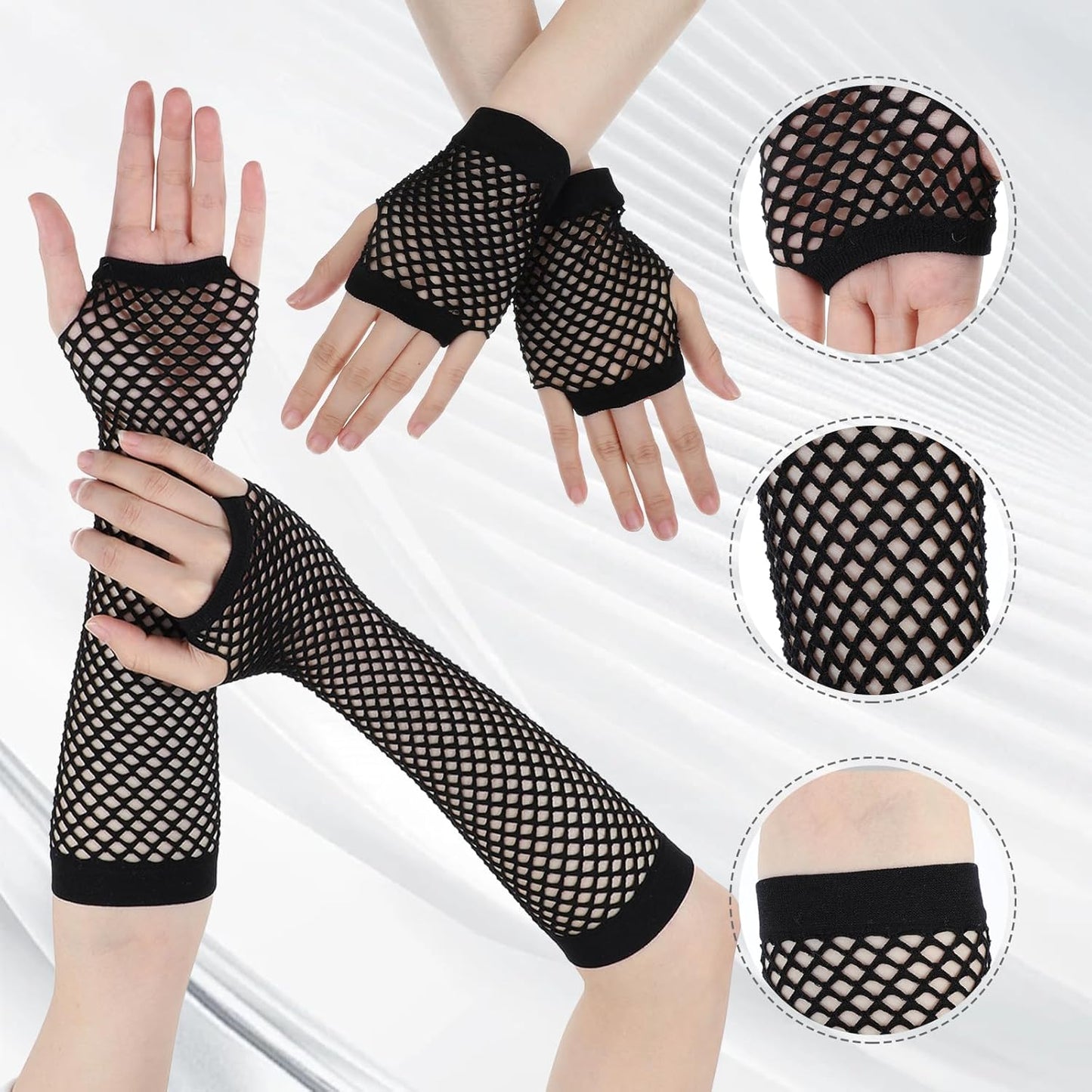 Fishnet Gloves for Women | Fingerless Elastic Nylon Arm Sleeves - 2 Pairs (Black)
