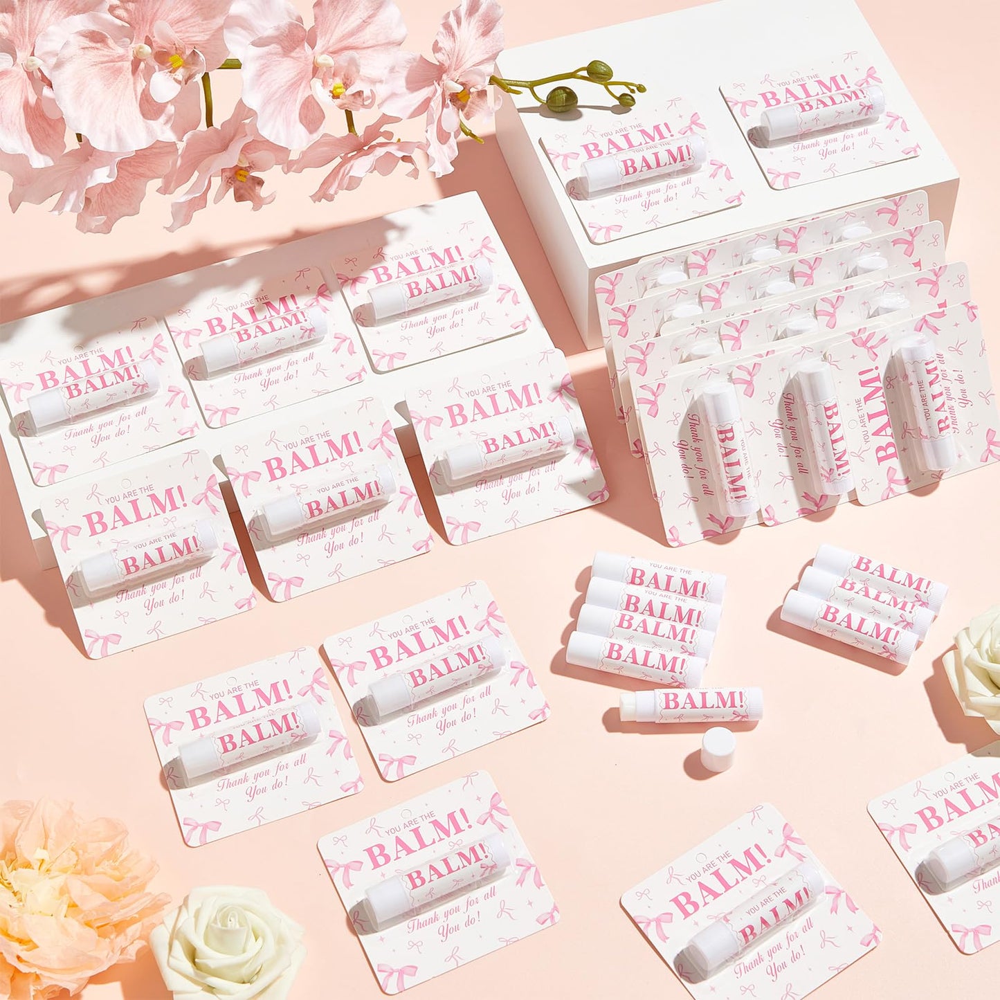 50 Pack Pink Bow Lip Balm Bulk Bow Thank You Gifts Appreciation Moisturizing Lip Care Set Valentine's Galentine's Day Bachelorette Party Favor for Women Wedding Bridal Spring Supplies