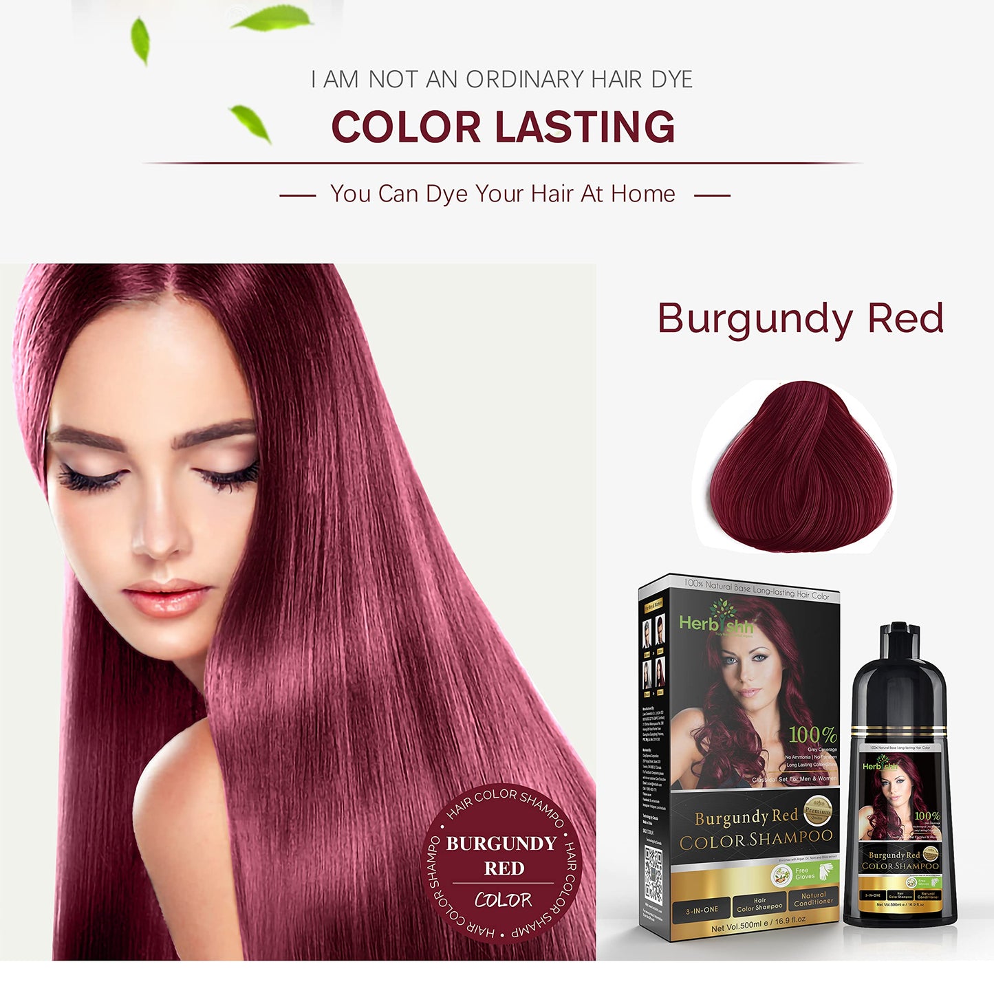 Herbishh Hair Strengthening Combo: Color Shampoo Dye 500ml Burgundy + Argan Oil Conditioner for Frizz Control, Damage Repair & Deep Conditioning - 30ml