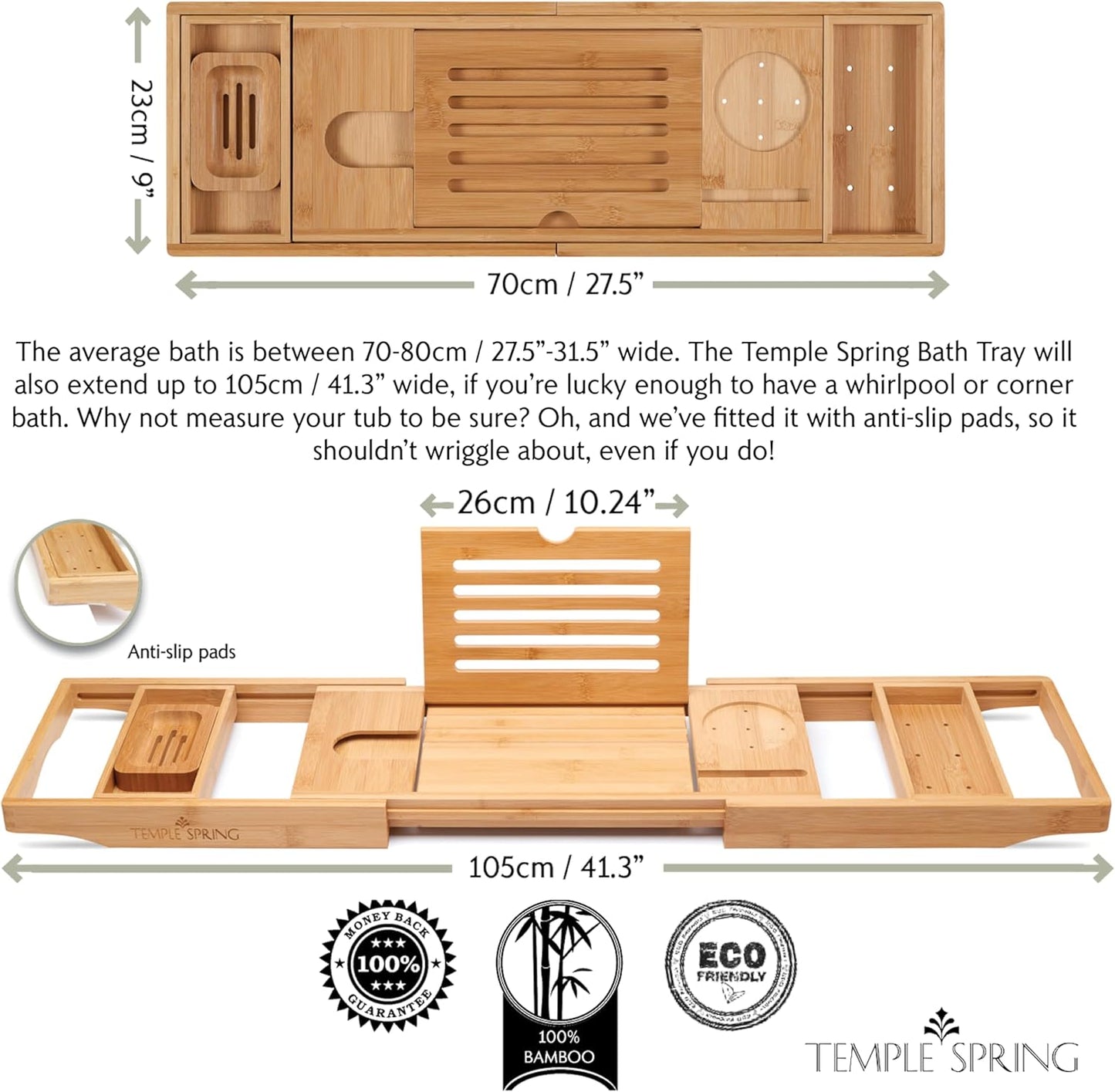 Bamboo Bathtub Tray Caddy - Expandable Wood Bath Tray with Book Stand & Wine Holder | Luxury Spa Gift Set