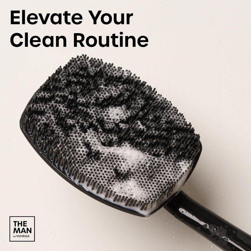 The Man Silicone Back Scrubber for Men - 18.5" Long Handle Shower Brush for Back & Body - Exfoliating Body Scrubber - Quick-Dry Hygienic Silicone with Hook