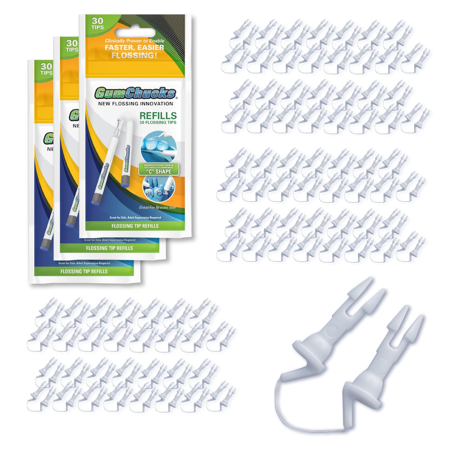 GumChucks Refill Tips - Floss Picks for Braces & Tight Teeth – Reusable Dual Handle Flosser – No Hands in Mouth - Easy for Kids, Adults & Seniors (90 Tips)