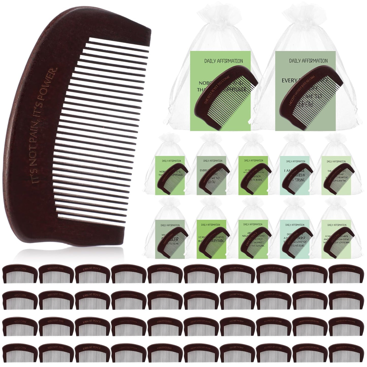 Yiyiring 40 Sets Birthing Comb Labor Pain Labor Combs with Affirmation Card for Pregnant Women Wooden Engraved Stress Bitrh Relief Comb for Delivery Support Relief Self Care New Mom Gifts