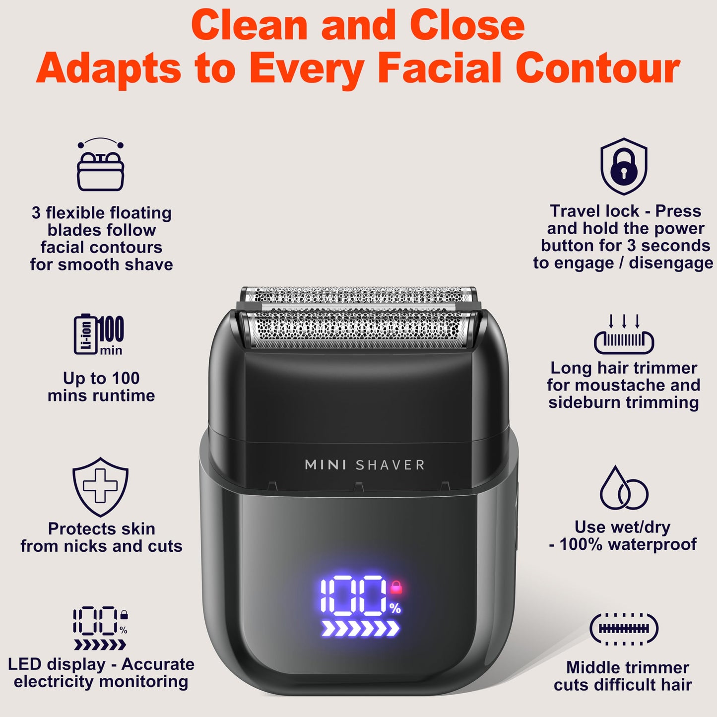 Telfun Mini Electric Foil Shavers for Men, Portable Men's Travel Facial Hair Groomer, USB-C Electric Beard Shaver with Full Body Waterproof & Big LED Display, Close Face Shaver for Head, Beard, & Neck