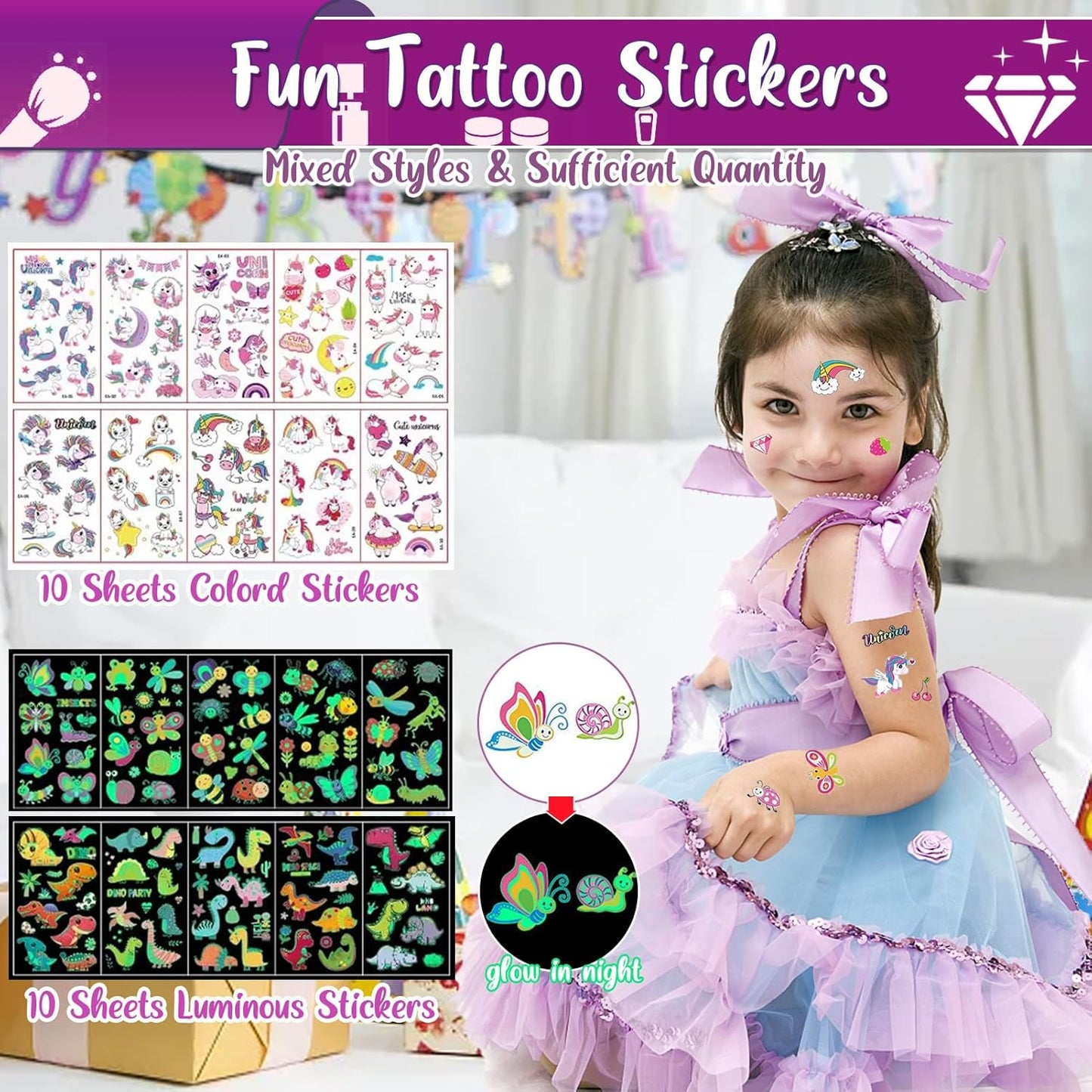 Kids Glitter Tattoo Kit - 25 Colors, 225 Stencils & Glow-in-the-Dark Temporary Tattoos | Perfect for Halloween & Birthday Fun