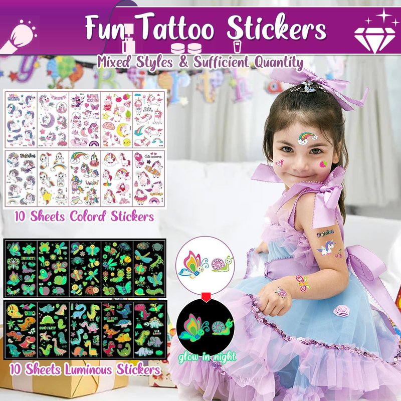 TEUVO Kids Glitter Tattoo Kit with 25 Colors, 225 Stencils, 6 Pens, 2 Rhinestone Sheets, 5Brushes, 3Glues, 20 Sheets Colorful & Glow-in-the-dark Mixed Temporary Tattoos Stickers for Halloween Birthday