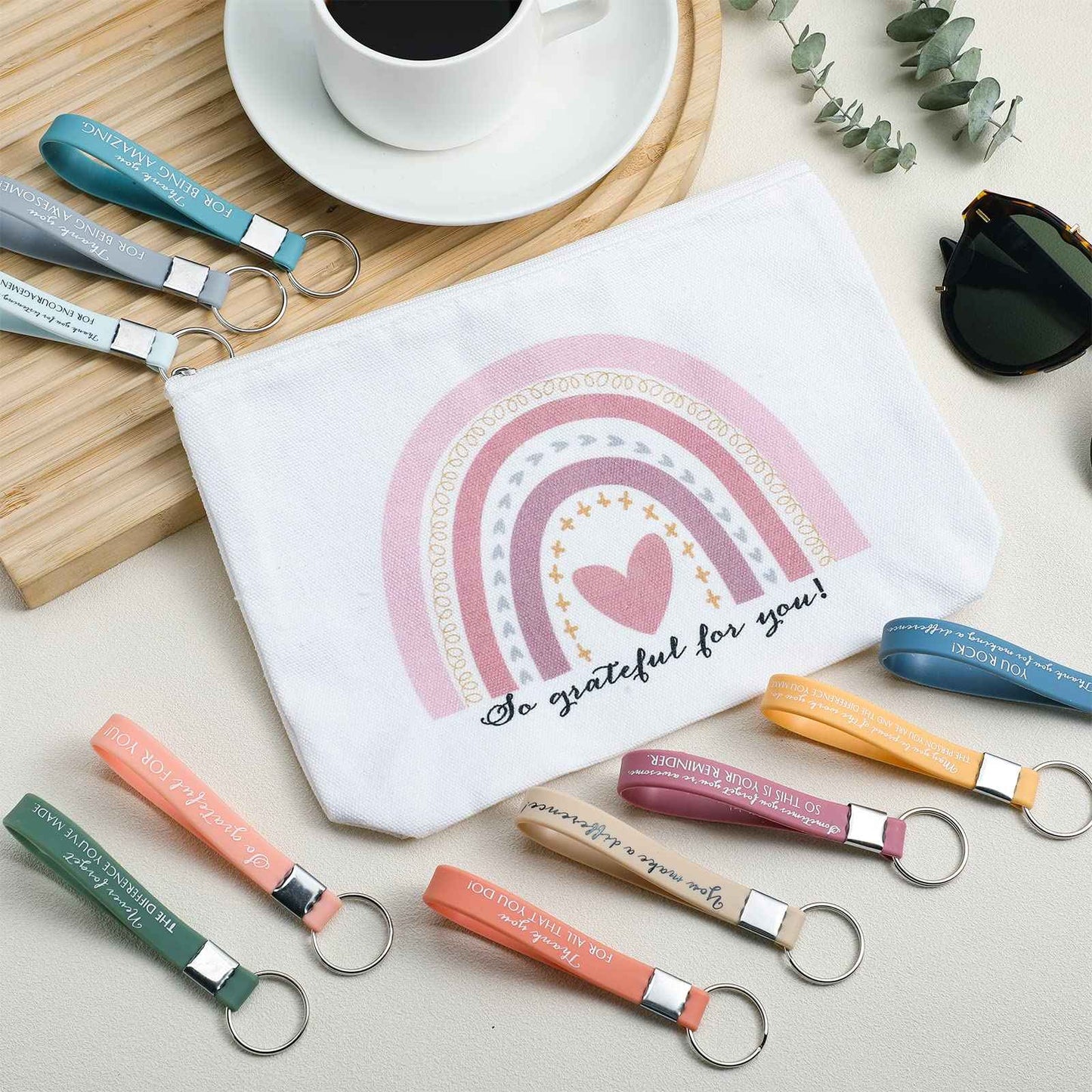 Hillban 60 Pcs Rainbow Canvas Makeup Bags Bulk Christmas Rbt Teacher Appreciation Gifts 30 Cosmetic Bags 30 Inspirational Keychains for Women Teacher Coworker Volunteer Nurse