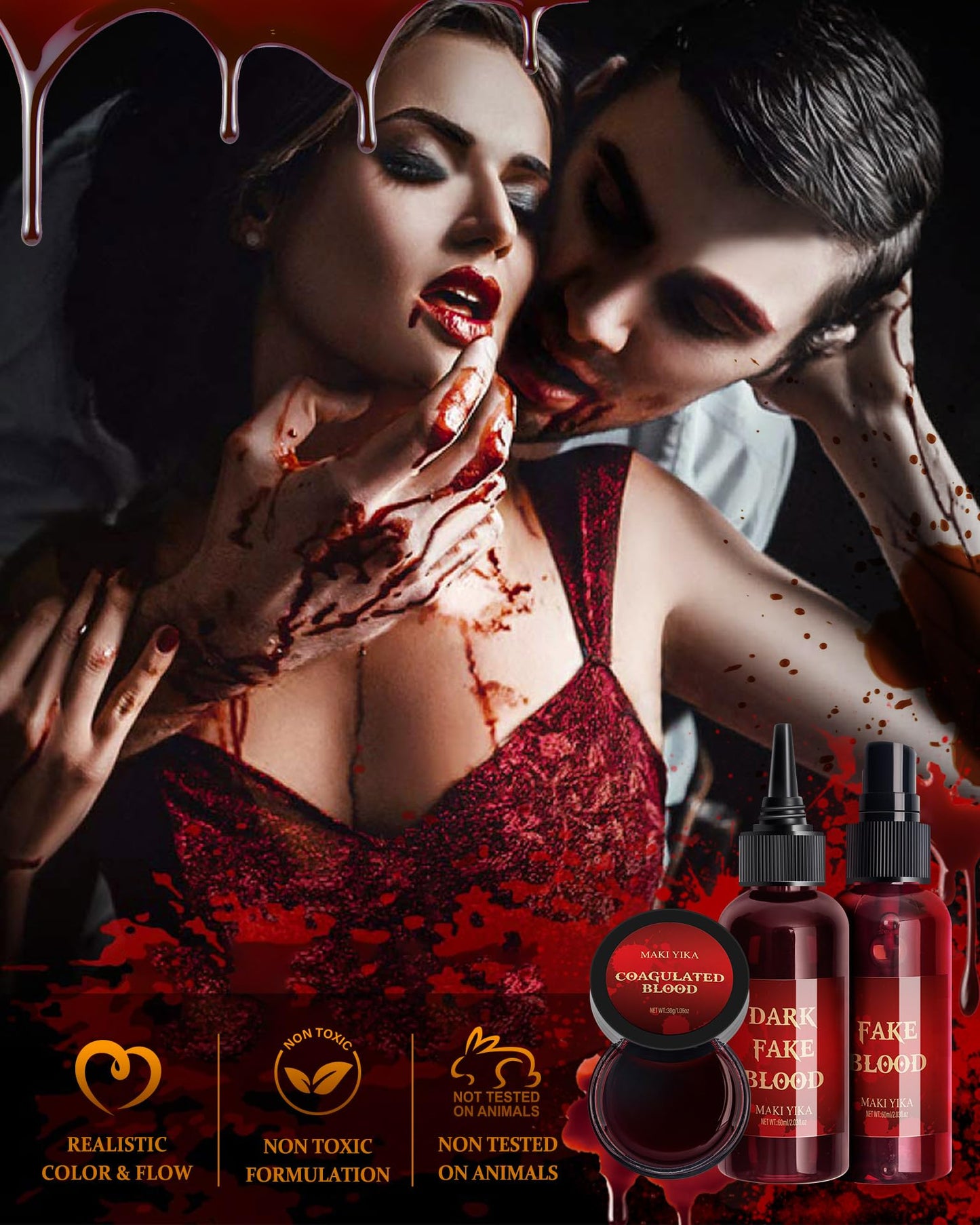Halloween Fake Blood Spray 2.03oz + Dripping Blood 2.03oz+Coagulated Blood 1.06oz Washable Realistic Fake Blood for Clothes Sfx Special Effects Makeup Kit for Vampire Zombie (3Red)