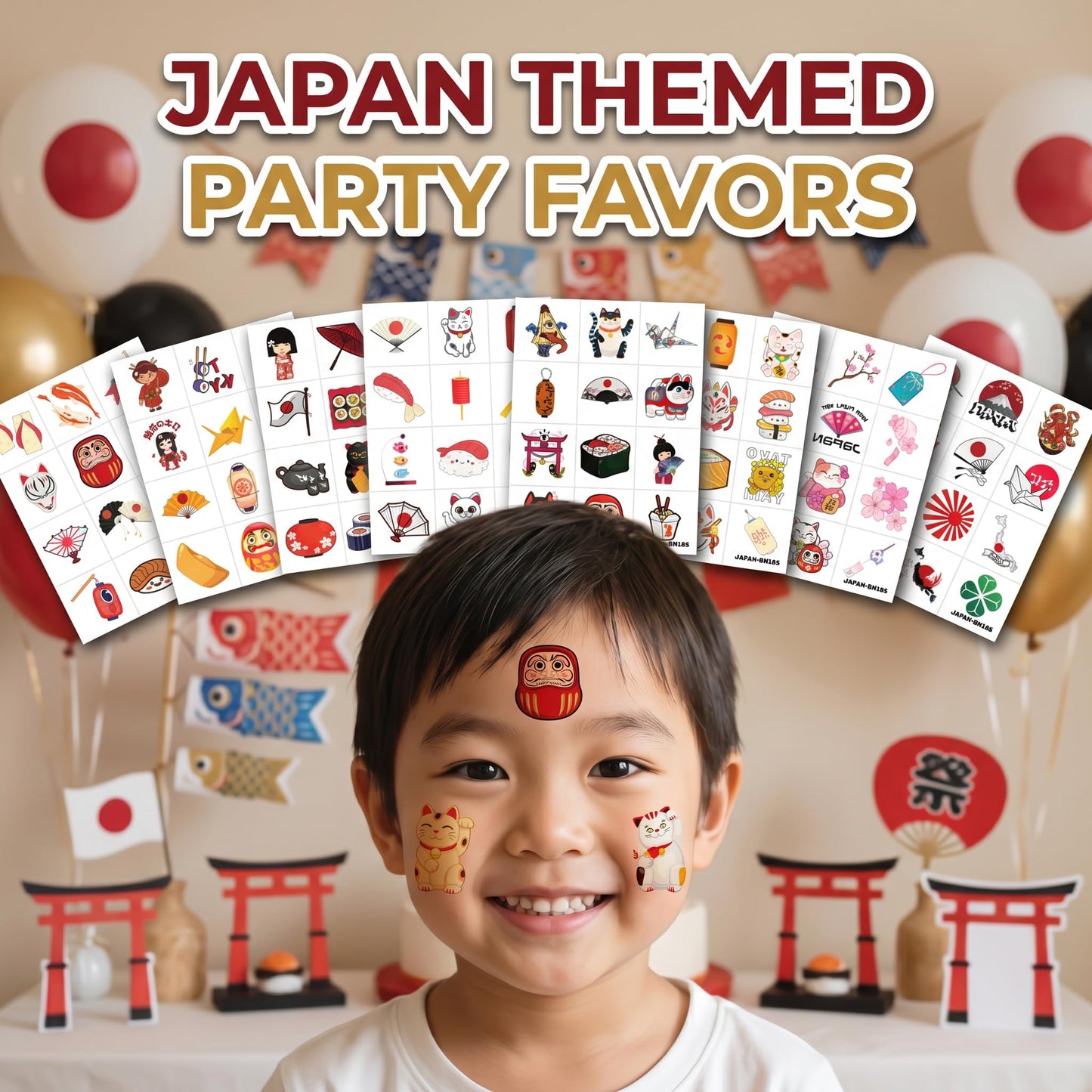96PCS Japanese Temporary Tattoos Pre-Cut Themed Japan Birthday Party Decorations Decor Supplies Favors Sushi Lattern Tattoo Stickers Gifts For Boys Girls Kids School Prizes Carnival