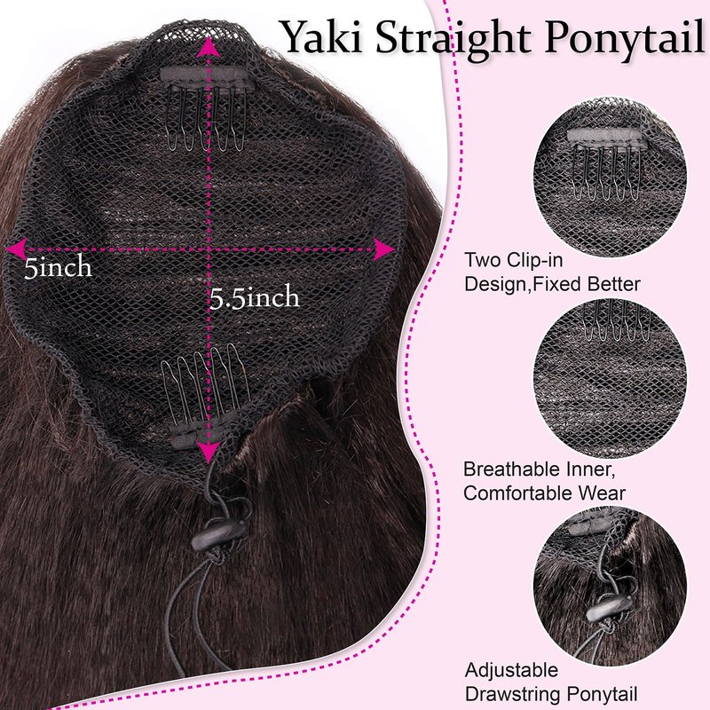 Drawstring Ponytail Extension for Women, 30 Inch Long Yaki Straight Pony Tails Hair Hairpiece Clip in Extensions Natural Looking Soft Synthetic Drawstring Ponytail for Black Women, Dark Brown