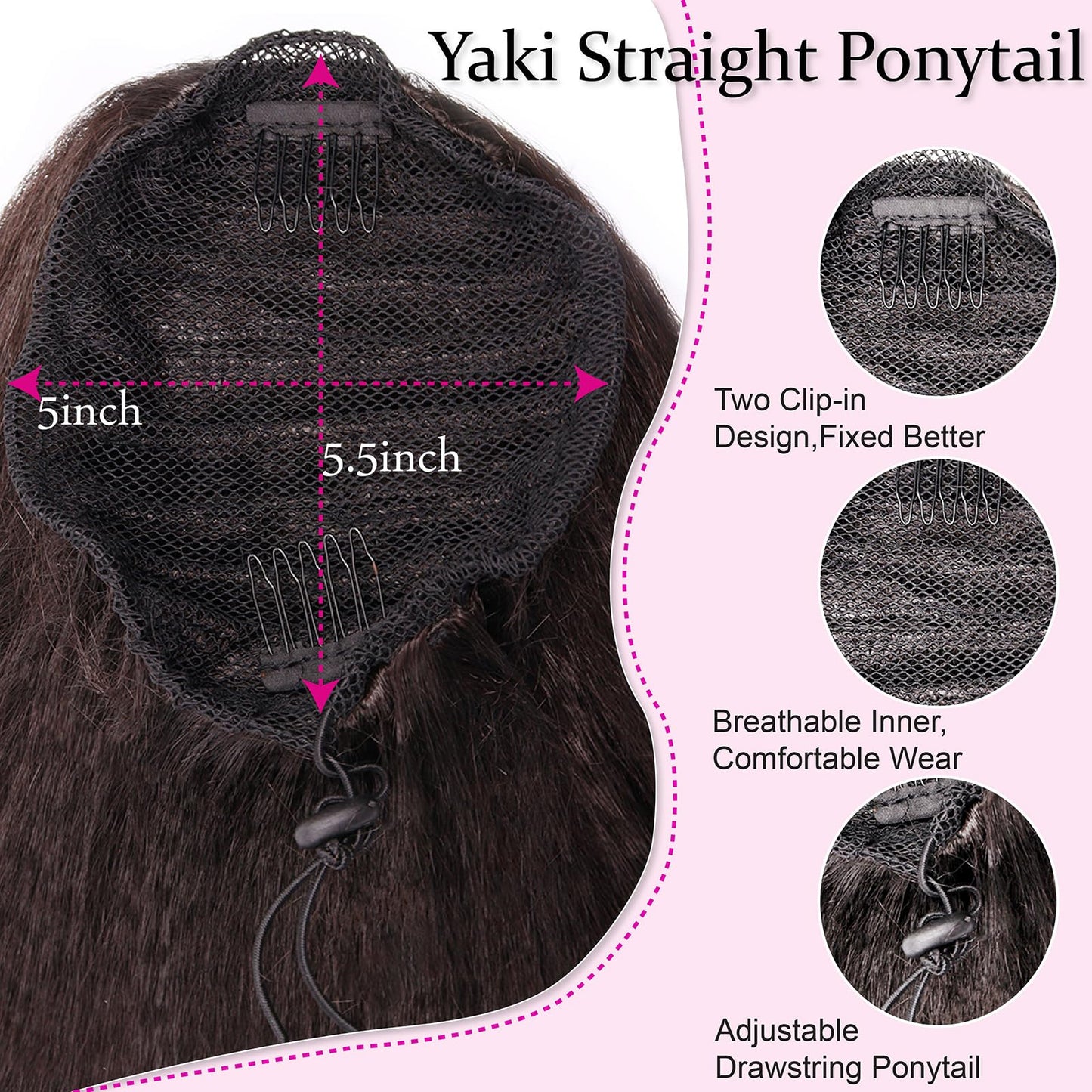 Drawstring Ponytail Extension for Women, 30 Inch Long Yaki Straight Pony Tails Hair Hairpiece Clip in Extensions Natural Looking Soft Synthetic Drawstring Ponytail for Black Women, Dark Brown