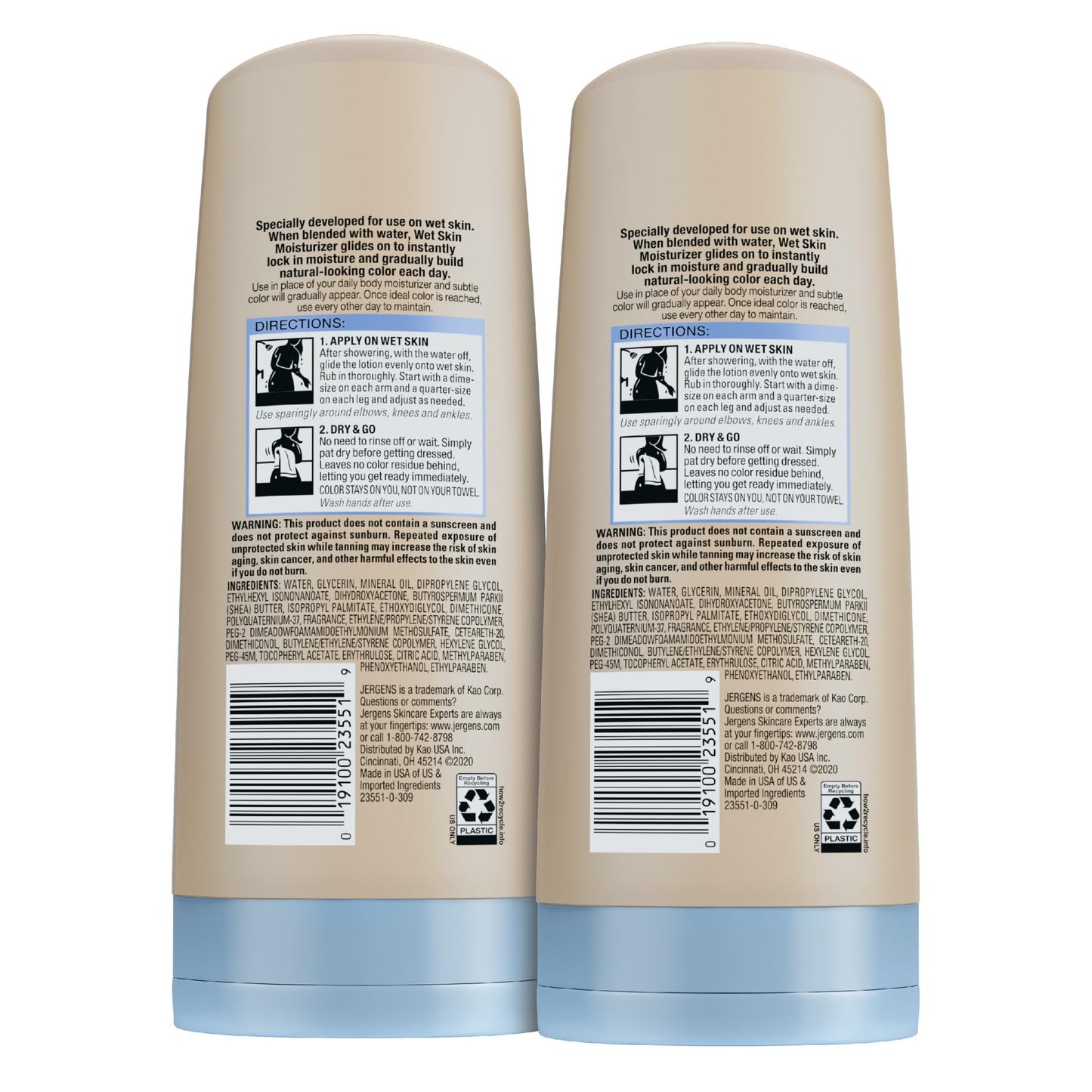 Jergens Natural Glow In Shower Lotion, Self Tanner for Medium to Deep Skin Tone, Sunless Tanning Wet Skin Lotion for Gradual, Flawless Color, 7.5 Ounce, Pack of 2