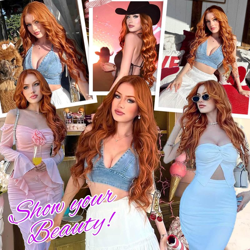 Eawwii Ginger Long Wavy Wig for Women, Pre-Cut HD Lace Natural Hairline, Glueless Middle Part, Synthetic Fiber for Daily and Party Use 26Inch