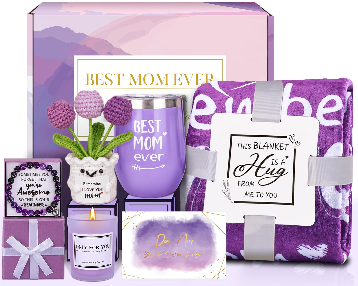Birthday Gifts for Mom from Daughter Son, Lavender Relaxing Basket Gifts Set with Luxury Flannel Purple Blanket for Women, Great Birthday Thanksgiving Christmas Mother's Day Ideas for Mom Wife Her