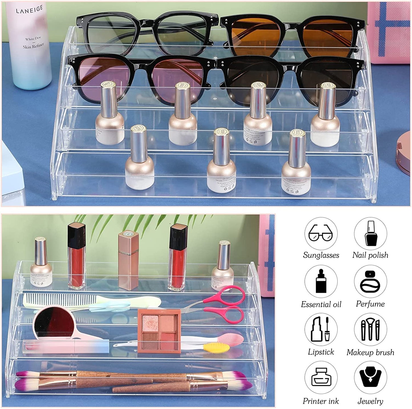 YIEZI Nail Polish Organizer 84 Bottles of 7 Layers Sunglass Organizer Acrylic Display Rack Eyeglasses Storage Essential Oils Holder Makeup Organizer No Tool Needed Assembly, Clear (2 Pack)