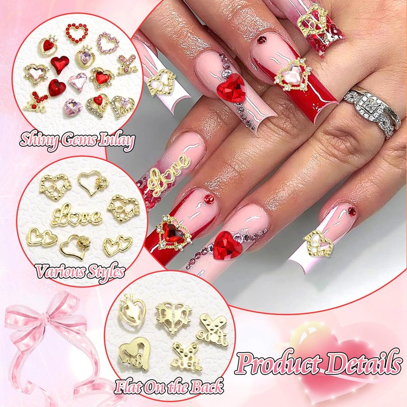BELICEY 75Pcs 3D Gold Nail Charms Red Pink Heart Nail Charms Alloy Flatback Love Letter Charms for Nails Heart Shaped Gems and Rhinestones for Women Valentine‘s Day Manicure DIY Nail Art Design Crafts