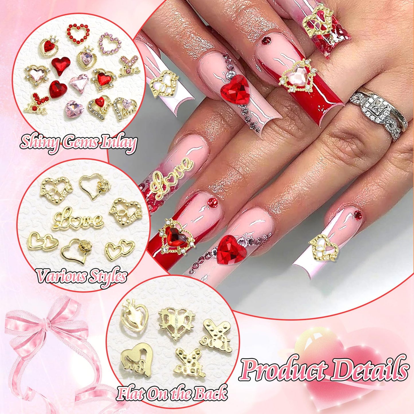 BELICEY 75Pcs 3D Gold Nail Charms Red Pink Heart Nail Charms Alloy Flatback Love Letter Charms for Nails Heart Shaped Gems and Rhinestones for Women Valentine‘s Day Manicure DIY Nail Art Design Crafts
