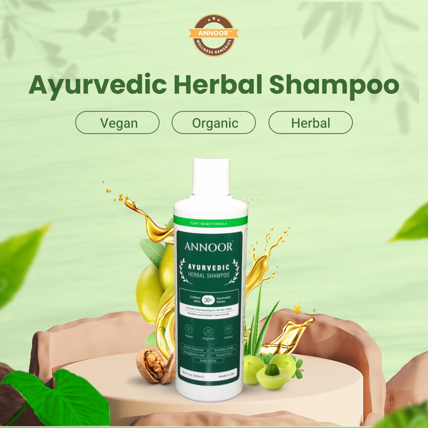 Annoor Ayurvedic Herbal Shampoo | Sulfate, Paraben & Silicone-Free | Plant-Based Vegan Formula with Amla, Reetha, Shikakai & 25 Herbs | Reduces Hair Fall | Soothes Itchy Scalp | Color-Safe 16 oz