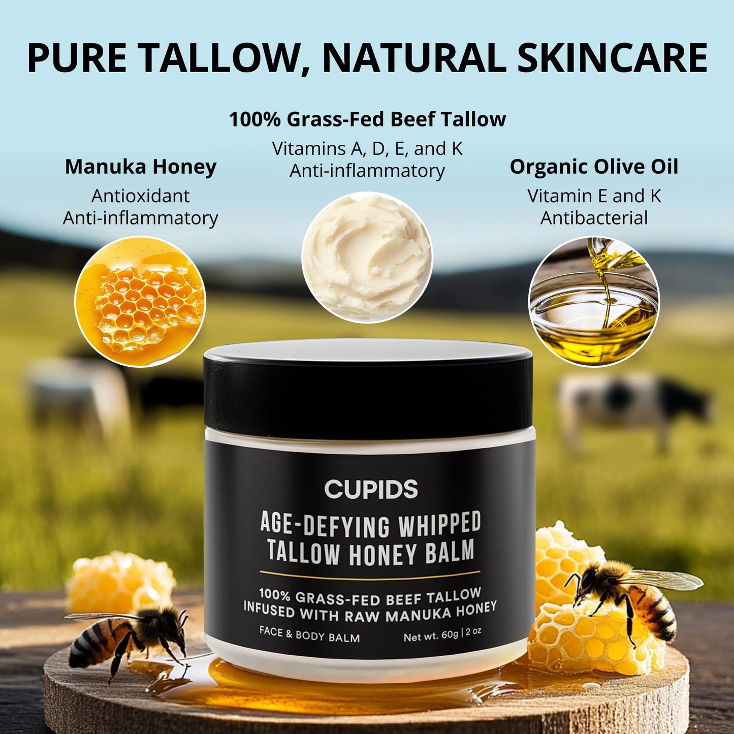 Cupids Tallow and Honey Balm, Grass Fed Beef Tallow for Skin, Face Moisturizer with Raw Manuka Honey, Olive Oil, Beeswax & Vitamin E