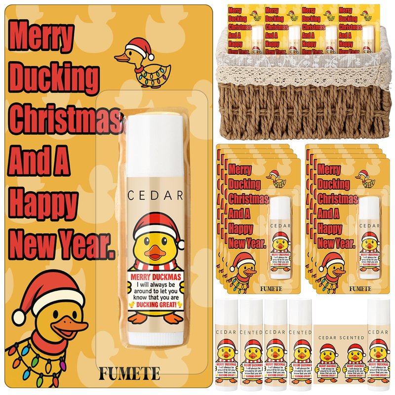Fumete 24 Pcs Christmas Lip Balms Bulk Funny Duck Gift for Coworker Little Yellow Duck Xmas Lip Balms with Positive Gift Card for Employee Staff Christmas Holidays Party Favors