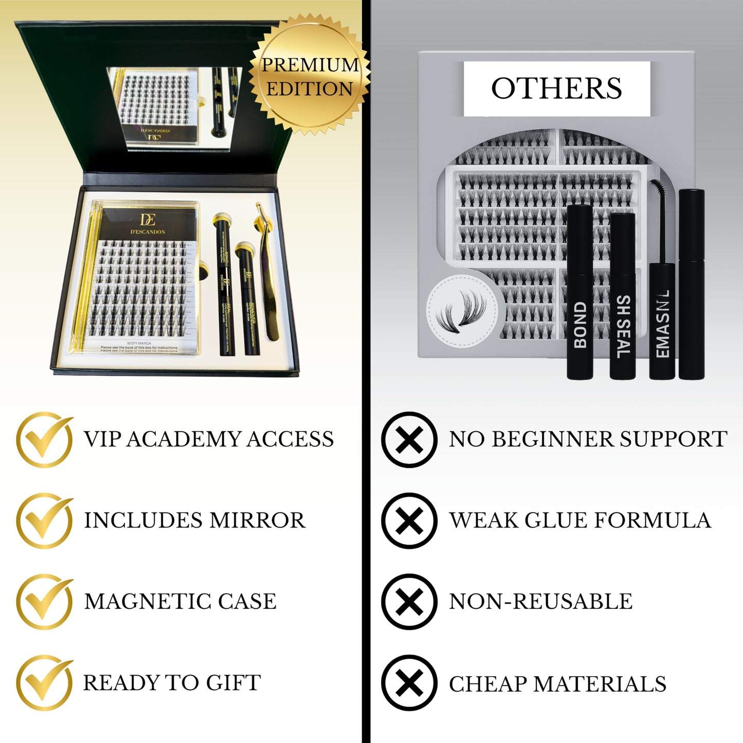 Cluster Lash Kit D’Escandón – Reusable Eyelashes Extension with Magnetic Tray, Applicator, Bond & Seal, Remover and Mirror