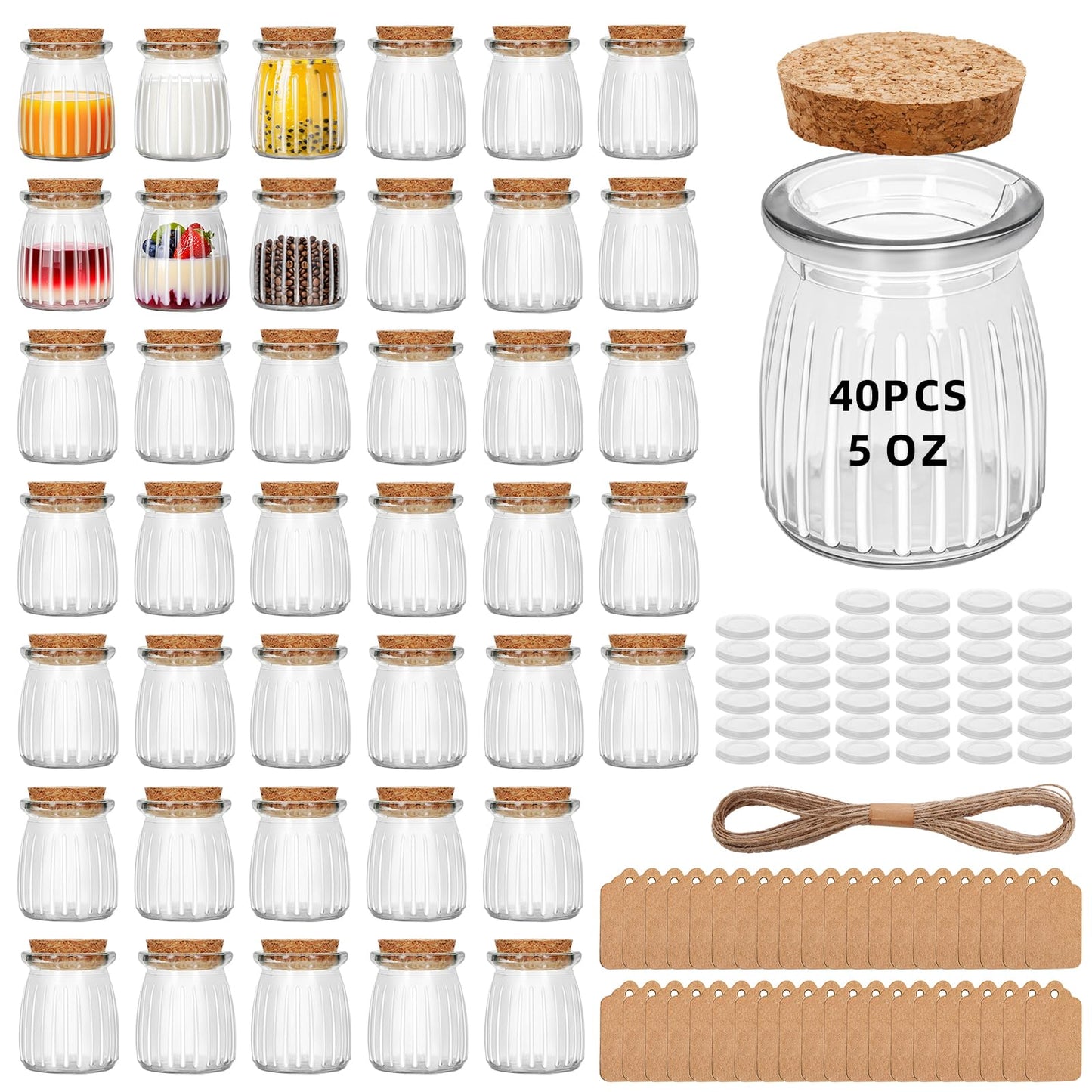 40Pcs 5oz Stripes Small Glass Jars with Cork Lids, Empty Candle Jars for Making Candles, Yogurt Container with PE Lids for Wedding Favors, Gift Jar, Baby Shower, Candy, Spices, with Twine, Labels (40)