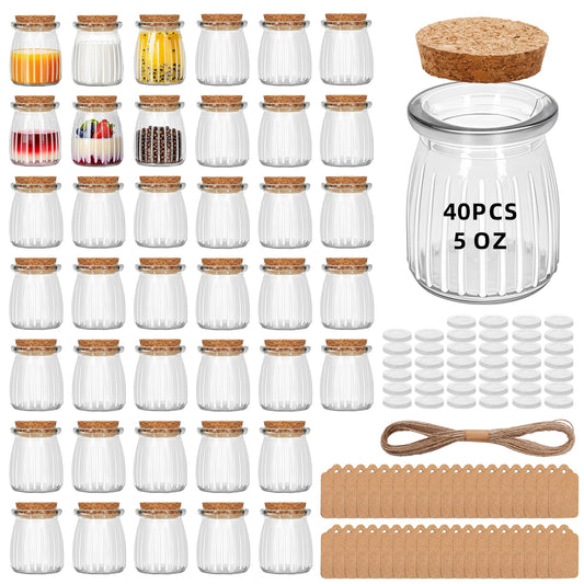 40Pcs 5oz Stripes Small Glass Jars with Cork Lids, Empty Candle Jars for Making Candles, Yogurt Container with PE Lids for Wedding Favors, Gift Jar, Baby Shower, Candy, Spices, with Twine, Labels (40)
