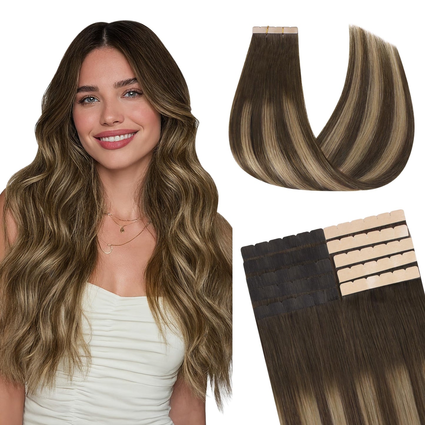 GOO GOO Tape in Hair Extensions, 4/27/4 Balayage Chocolate Brown to Caramel Blonde, 16inch 40g 10pcs, Mini Tape Cut to Fit, Skin Weft Seamless Invisible, Remy Human Hair
