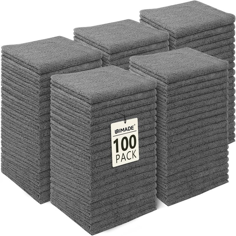 Washcloths Bulk - 100 Pack Microfiber Face Towels | Soft, Fast-Drying Cleansing Cloths for Bathroom, Spa, Hotel - Grey (12" x 12")