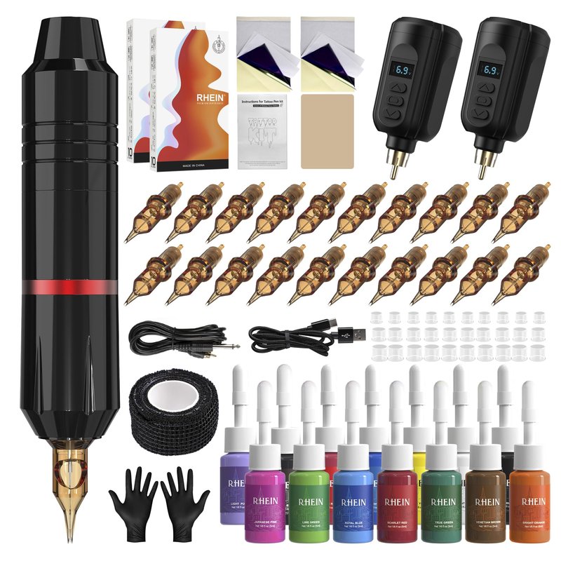RHEIN Tattoo Pen Kit, Complete Rotary Tattoo Machine with 2 Power Supplies, 20 Cartridge Needles, 14 Tattoo Inks, Practice Skin Stencil Transfer Paper
