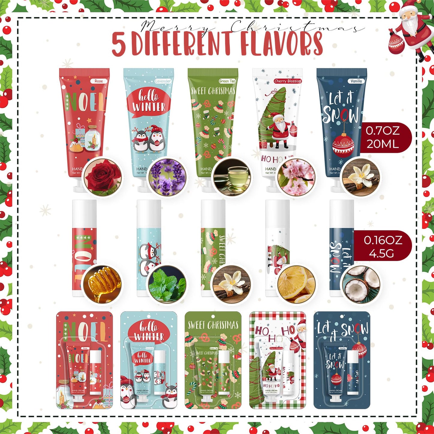 Heigble 30 Pcs Christmas Hand Cream and Lip Balm Gift Sets, Christmas Stocking Stuffers Travel Size Hand Lotion Lip Balm Xmas Party Holiday Gifts for Women Mom Staff Coworkers Adult Girls
