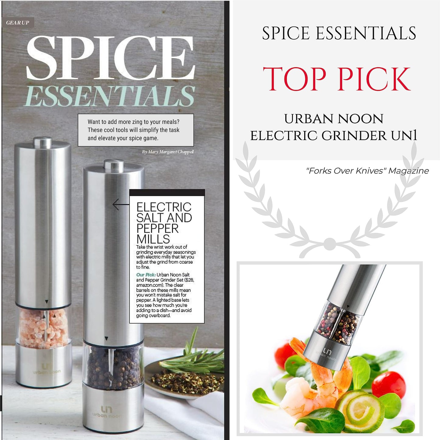 Urban Noon Electric Salt and Pepper Grinder Set (2 Mills, 8.1" Tall) - One-Handed Push-Button Mills with LED Light, Adjustable Ceramic Coarseness, Gift-Ready Box, 1-Year Warranty - Stainless Steel