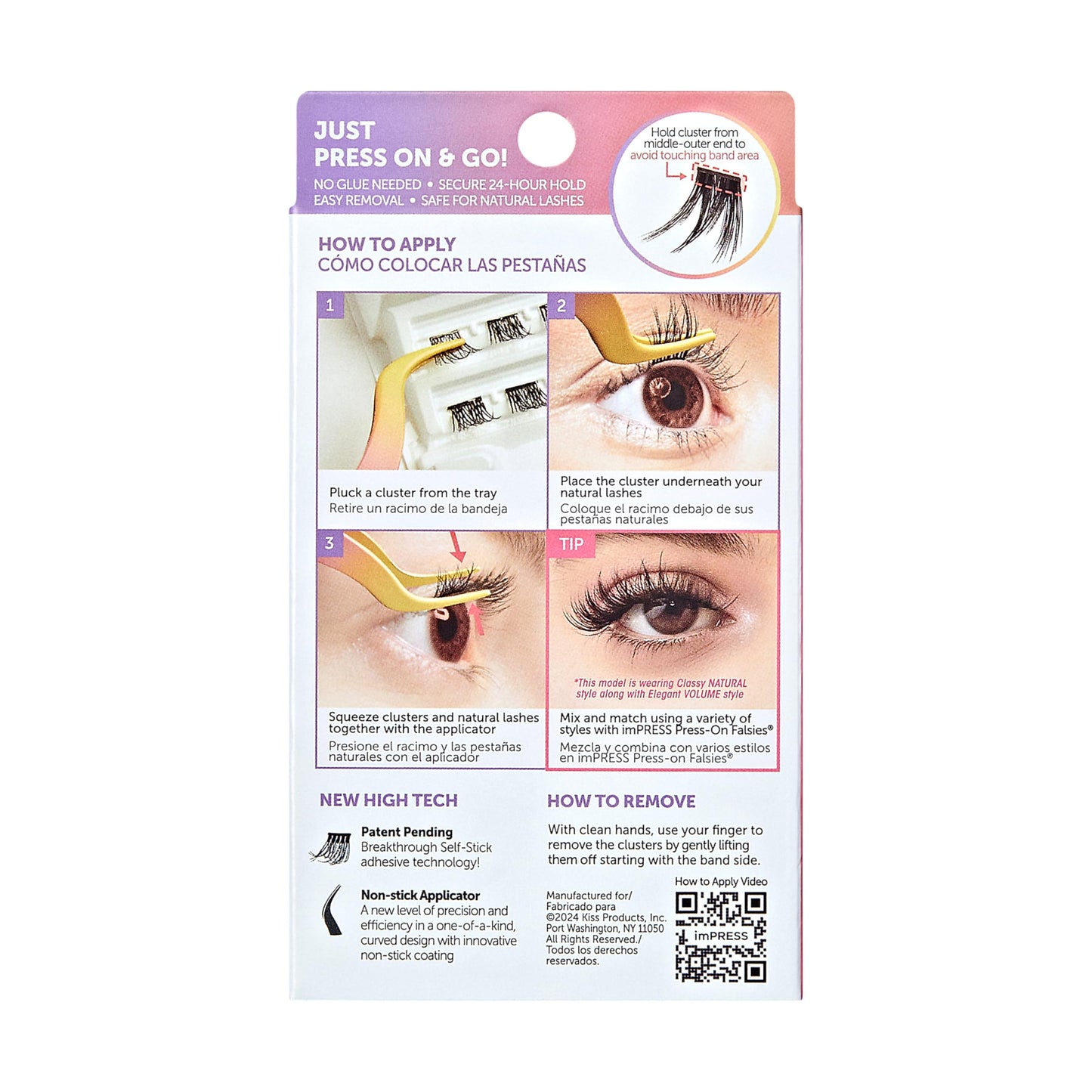 KISS imPRESS Falsies Press On Self Adhesive Eyelashes, 10mm-12mm Glam Volume Press On Lashes, Black, No Glue Needed, Invisible Band, 12 Lash Clusters - Refined (Pack of 2)
